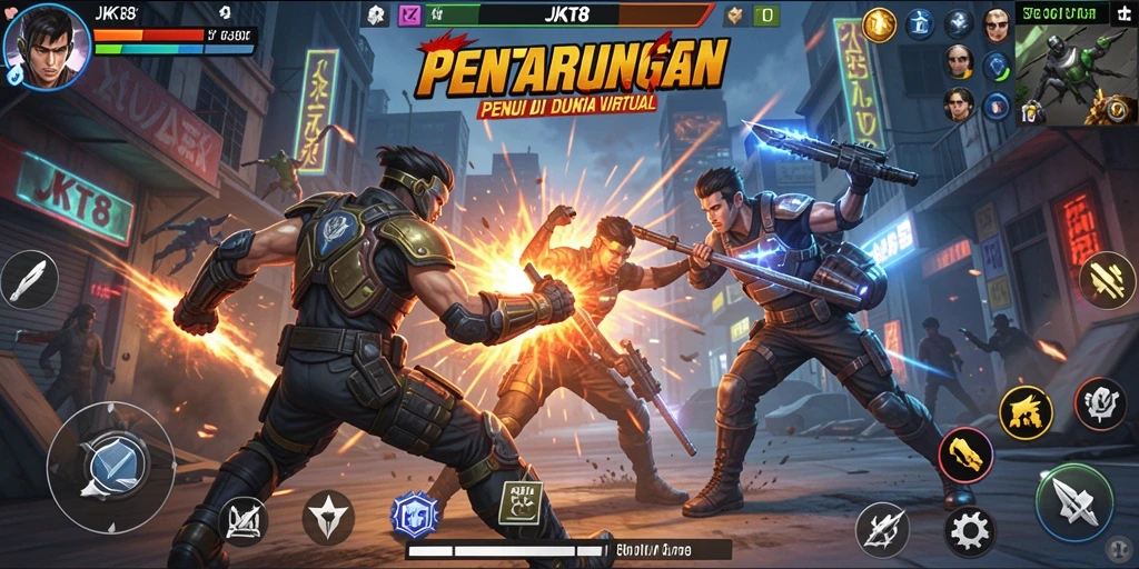 Screenshot pertarungan intens dalam JKT8 dengan karakter unik.