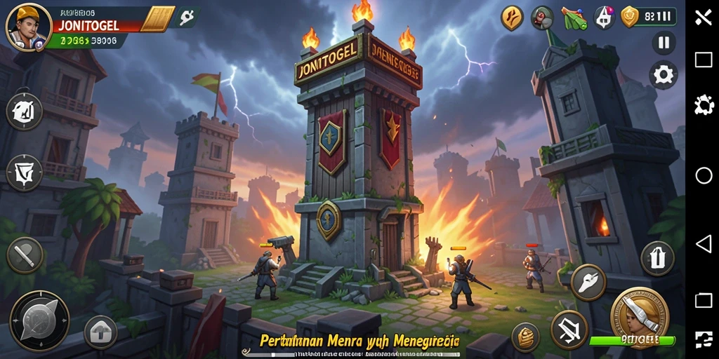 Tangkapan layar gameplay <strong>JONITOGEL</strong> yang menunjukkan strategi menara bertahan.