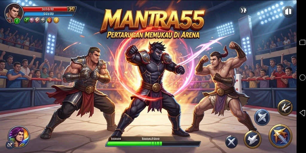 Tampilan pertarungan mendebarkan dalam MANTRA55 saat karakter bersiap untuk menyerang.