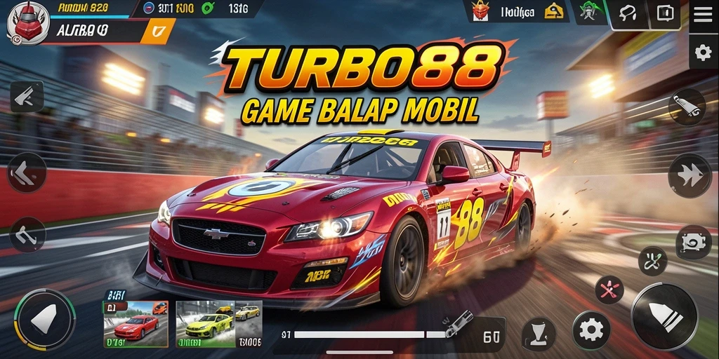 Tampilan gameplay seru dan mendebarkan di TURBO88 dengan mobil balap yang cepat.